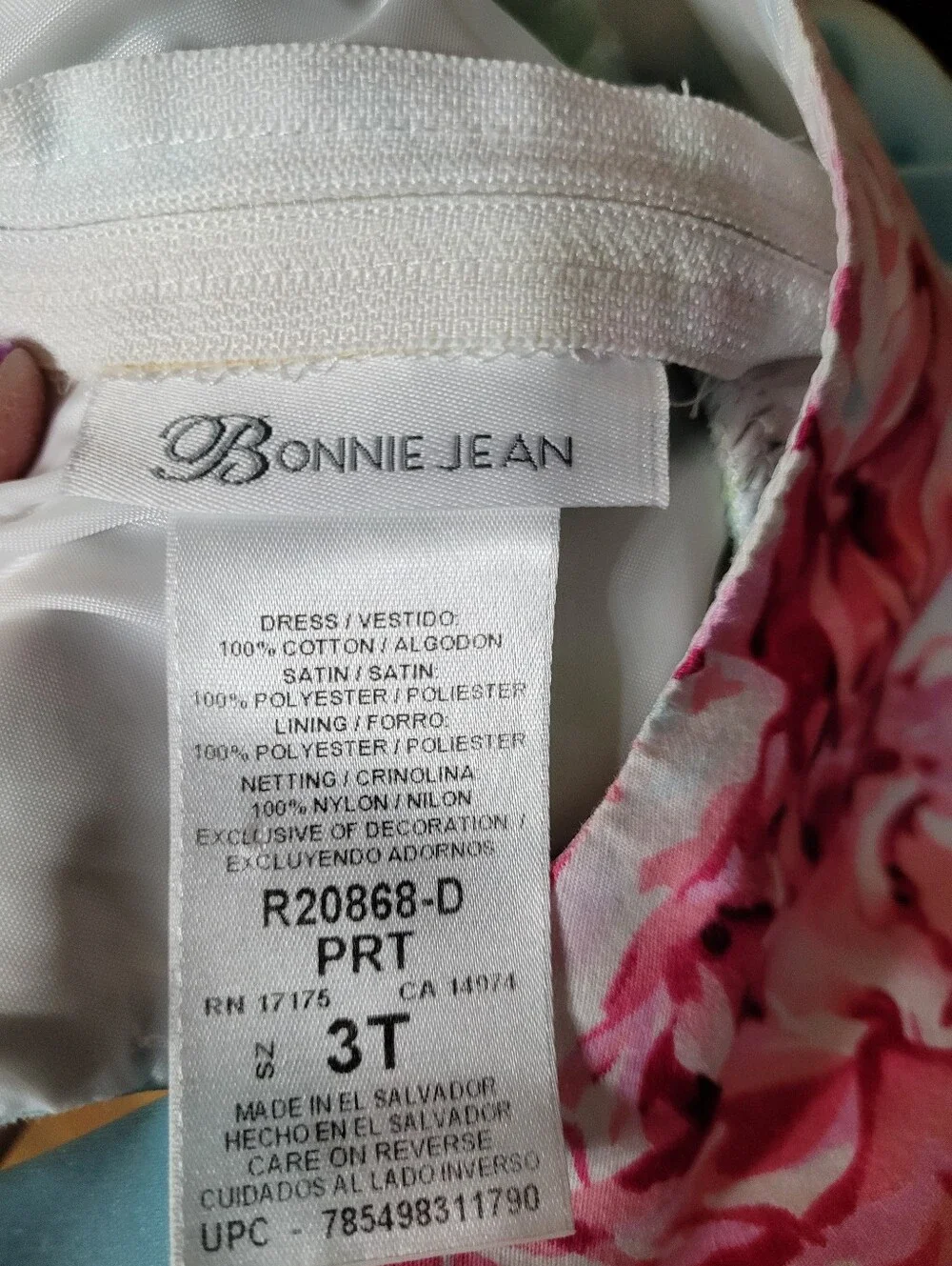 Bonnie Jean Girls Size 3T Floral Dress With Satin Straps Waist Tie (0967)